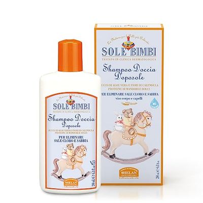 Helan, Sole Bimbi - Soothing Moisturising After-Sun Body, Face and Hair Shampoo, After-Sun Restructuring Shower Gel with Sweet Almond Protein, Aloe Vera and Calendula, 200 ml