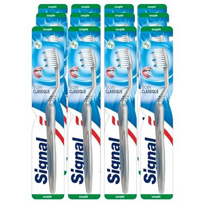 SIGNAL - Brosse à Dents Soin Classique - Filaments infusés au bicarbonate naturel pour un nettoyage en profondeur (lot de 12 brosses à dents)