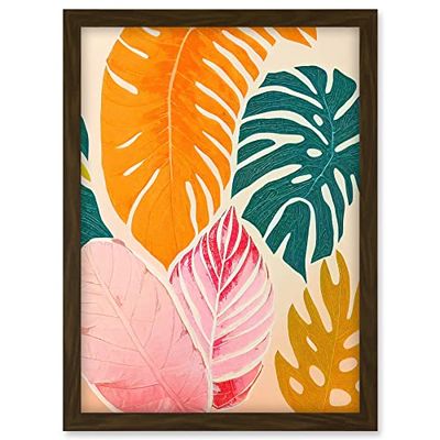 Doppelganger33 LTD Boho Monstera Leaf Orange Pink And Green Artwork Framed A3 Wall Art Print