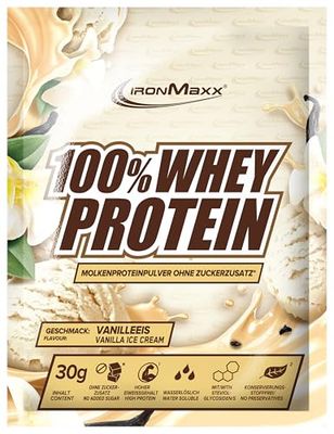IronMaxx 100% Whey Protein Polvo - Vanilla Ice Cream 30g Bolsa | Proteína de suero de leche reducida en azúcar y soluble en agua | Disponible en muchos sabores diferentes