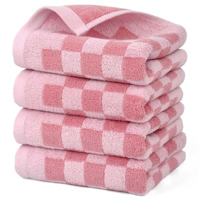 Jacquotha Toallas de Mano de algodón Suave en Color Rosa a Cuadros, Paquete de 4 Toallas Ligeras y absorbentes para secar Las Manos y Lavar la Cara, Regalos para Mujeres y niñas, 29 x 13 Pulgadas