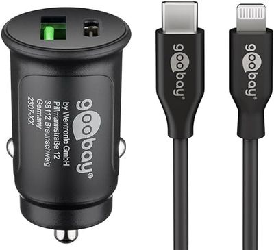 goobay 72166 Kompakt 27 W USB C-tändare Distributör/12 V/Kompakt Billaddare/USB C Power Delivery/Snabbladdning Inklusive Lightning-kabel