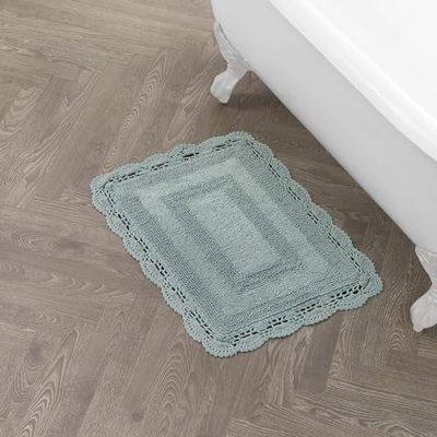 Laura Ashley Crochet Coton 24 x 40 – Tapis de Bain, Blanc, Aqua, 17x24 inch