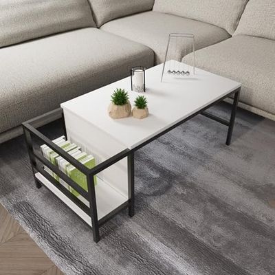 Hanah Home Stylowy biały stolik kawowy, 110 x 60 x 50 cm, 100% pokryta melaminą, grubość 18 mm, wytrzymałe metalowe nogi powlekane proszkowo | nowoczesne wzornictwo do salonu