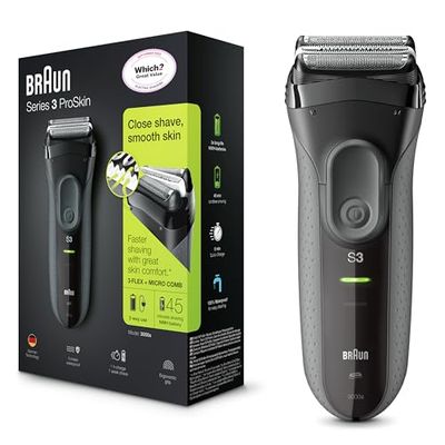 Braun Series 3 ProSkin Electric Shaver For Men With Precision Trimmer, Rechargeable and Cordless, 100% Waterproof, UK 2 Pin Plug, 3000s, Black Razor