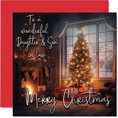 Stuff4 Tarjeta tradicional de Feliz Navidad – Feliz Navidad para hija y yerno – Tarjeta de Navidad feliz Navidad para nuera y yerno de la familia, 145 mm x 145 mm, tarjetas de felicitación de Navidad
