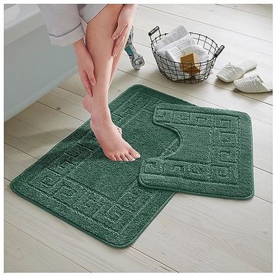 GC GAVENO CAVAILIA 2 Piece Washable Bathroom Mat, Extra Absorbent Anti Slip Bath Mats, Super Soft Toilet Rugs Set, Dark Green, (50x80, 50x40 cm)