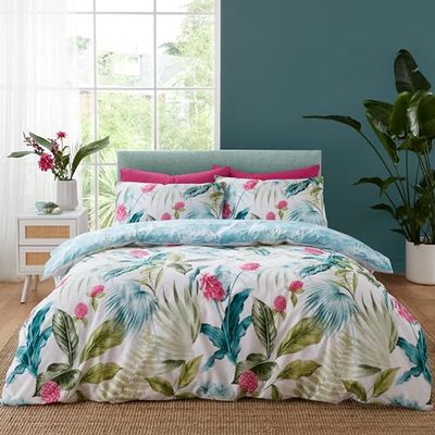Catherine Lansfield Aruba - Set copripiumino singolo reversibile con federa, motivo floreale tropicale, colore: verde