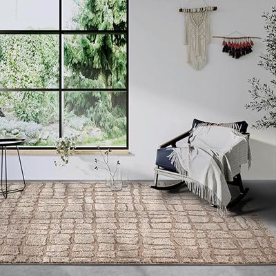 Elle Decor ation Tapis Artistique à Poils Longs, Moderne, à Poils Longs, Motif Moderne, Moelleux, Doux, bohème, pour Salon, Chambre à Coucher, Beige, 160 x 235 cm