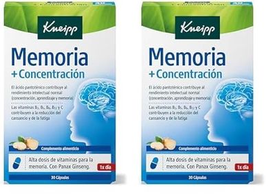 Kneipp Memoria Y Concentracion, Vitaminas para Reducir la Fatiga y el Cansancio, Ideal para situaciones de Estrés o Estudio, Vitaminas B1, B2, B5, B6, B12, C y Ginseng, 30 Cápsulas (Paquete de 2)
