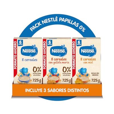 Nestlé Mega Pack Papillas de cereales para bebés 725g: 8 cereales + 8 cereales miel + 8 cereales galleta - comida infantil