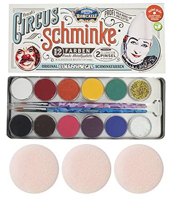 Eulenspiegel 212288 - Paleta metálica Circus Roncalli, 10 x 5 g colores, 1 purpurina oro clásico, 1 purpurina nácar, 2 pinceles celebración, 3 esponjas