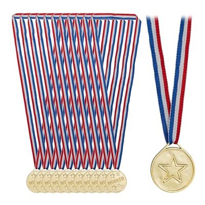 Relaxdays guldmedalj barn, set om 12, Ø 3,5 cm, plast, med band, medaljset barnfödelsedag, utmärkelse, guld, 3,5 cm