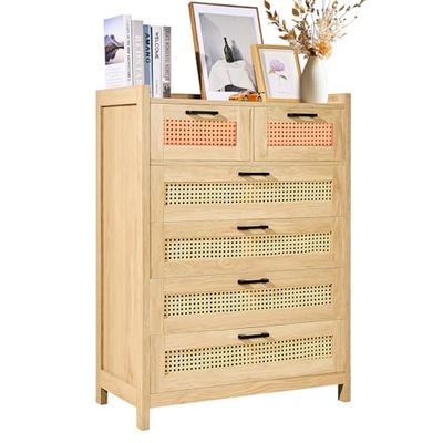 VEVOR Commode en rotin à 5 tiroirs, Meuble de Rangement bohème avec lumière LED, Organisateur de vêtements et Rangement en Bois Moderne, avec poignées et Pieds Robustes, pour Chambre, Salon, Couloir