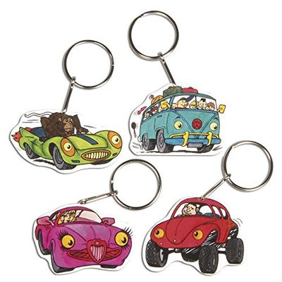 Rayher 75353000 kit Film Thermo-Rétractable en lot DE 4, Plastique dingue avec Motif Crazy Cars à colorier, avec 4 Anneaux Portes Clés en Métal, Idéal pour fabriquer des Portes Clés Enfant, 8 Pièces