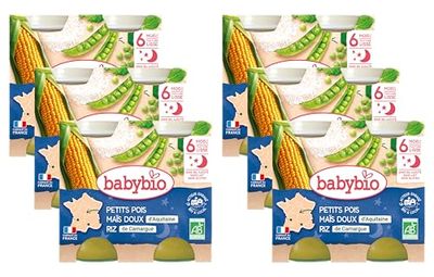 Babybio - Bonne Nuit - Petits Pots Petits Pois Maïs Doux d'Aquitaine Riz 2x200g - 6+ Mois - BIO - Lot de 6