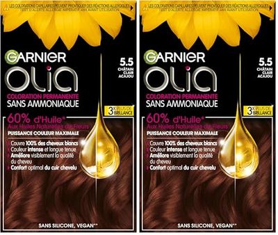 Garnier Coloration Permanente - Sans Ammoniaque - Aux Huiles Naturelles de Fleurs - Châtain Clair Acajou (5.5) - Olia (Lot de 2)