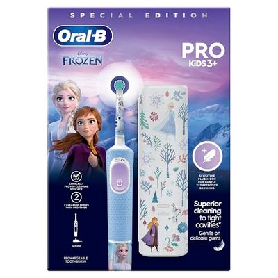 Oral-B Pro Kids - Cepillo de dientes eléctrico, regalos de Navidad para niños, 1 cabezal de cepillo de dientes, 4 calcomanías de Frozen, 1 funda de viaje, 2 modos con modo sensible apto para niños,