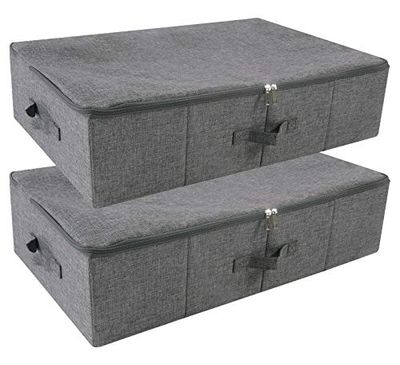 iwill CREATE PRO Lot de 2 boîtes de rangement rigides sous le lit avec couvercle à fermeture éclair pour vêtements, draps de lit, couvertures, noir et gris