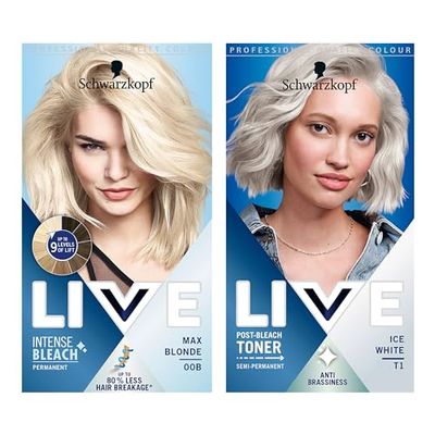 Schwarzkopf Live Hair Bleach Bundle. Includes 1 x Post Bleach Toner Ice White Hair Toner, T1 + 1 x Schwarzkopf LIVE Intense Lightener, Permanent Blonde Bleach Hair Dye, Max Blonde 00B
