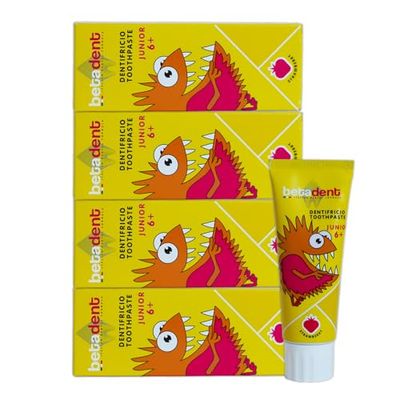 Betadent ZESTAW 4 DENTYFRIC JUNIOR 6+ dla dzieci od 6 lat starszych. Naturalny preparat, przeciwpłytkowy i przeciwpróchnica. Zrównoważona dawka soli fluoru w stężeniu 950 ppm F. 4x75ml