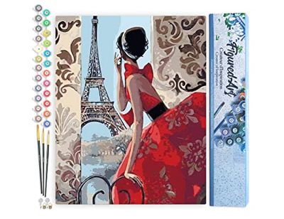Figured'Art Peinture par Numéro Adulte Belle Femme et Tour Eiffel - Activité Manuelle Kit de Loisir Créatif DIY Numéro d'art Complet - 40x50cm sans châssis en Bois