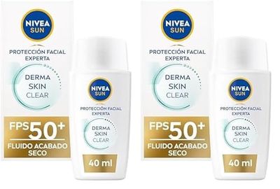 NIVEA SUN Derma Skin Clear Fluido Protector Solar Facial FPS 50+ (1 x 40 ml), crema solar facial ultra ligera con efecto mate, El embalaje puede variar (Paquete de 2)