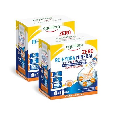 Equilibra Potassio e Magnesio, Re-Hydra Mineral Zero, 12 Stick Bundle, Gusto Arancia, Senza Zuccheri, Integratore Magnesio, Potassio, Sodio per Reintegro Sali e Reidratazione, Senza Glutine e Lattosio