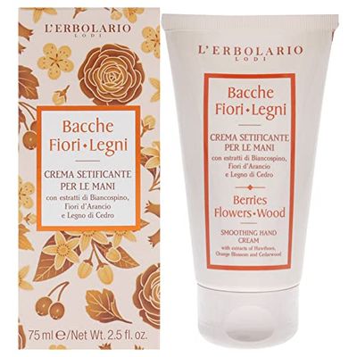 L'Erbolario Crema Mani Bacche Fiori Legni, Setificante, con estratti di Biancospino, Fiori d'Arancio e Legno di Cedro, Texture Molto Leggera, Formato 75ml