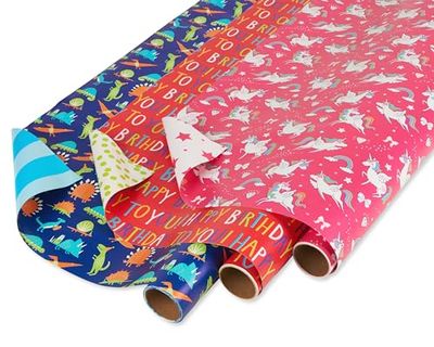 American Greetings Reversible Birthday Wrapping Paper for Kids, Dinosaurs and Unicorns (3 Rolls, 120 sq. ft)