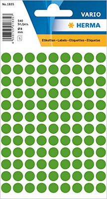 HERMA Dot Stickers Green, 540 Labels, Ø 8 mm, 108 Labels per Sheet, Self Adhesive Round Colour Labels Stickers, Blank Marking Dots, Sticky Circle Stickers for Color Coding Calendar