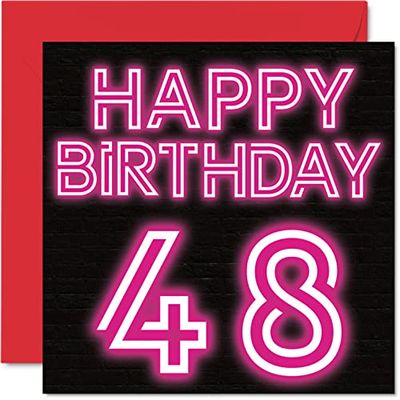 Leuke 48e verjaardagskaarten voor mannen en vrouwen - Neon Glow - Happy Birthday-kaart voor papa mama broer zus oppas oma oom tante, 145 mm wenskaarten, 48e kaart