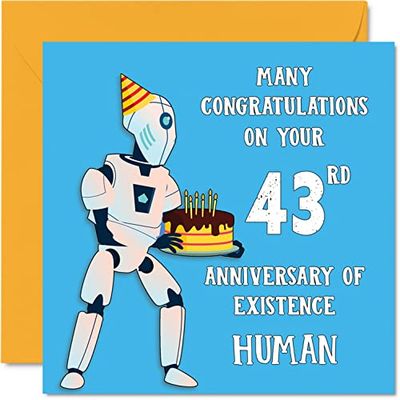Funny 43rd Birthday Cards for Men Woman - Robot Droid - Happy Birthday Card for Dad Mum Brother Sister Grandad Nanny Grandma Uncle Auntie, 145mm Joke Humour Banter Greeting Cards
