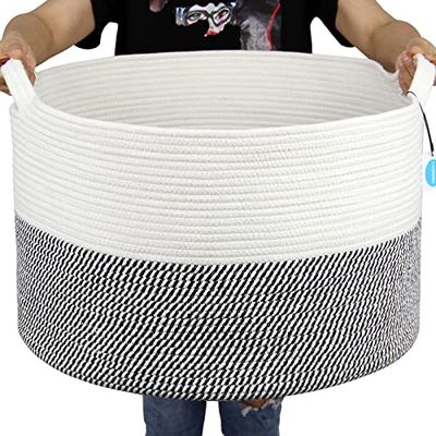 Casaphoria XXXGrande - Cesta de cuerda de algodón de 21.7 x 21.7 x 13.8 pulgadas, cesta tejida para ropa de bebé, cesta de juguete con asa, edredón de almacenamiento, cojines azul marino