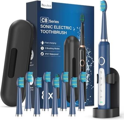 Brosses à Dents Électriques Soniques Adultes avec 8 Têtes - Brosse à Dents Électrique 5 Modes avec étui, IPX7, Brosses à Dents Électriques à Ultrasons pour Voyages en Famille, Bleu Marine
