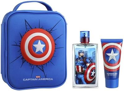 Marvel Captain America Kids Perfume Gift Set, Includes Natural Eau de Toilette Spray 100 ml, Shower Gel 100ml & Zip Case, Vegan, Dermatologically Tested & Travel Friendly, Best Gift for Kids, Ages 3+