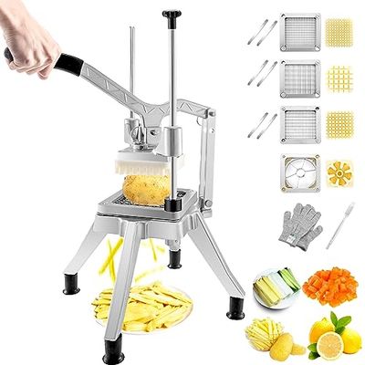 VEVOR Coupe-Frites Professionnel Manuel Coupe-Légumes Multifonction 4 Lames Inox 6,4/9,5/12,7 mm et Coupeur à 6 Quartiers Coupe Pomme de Terre Fruits en Bâtonnets Tranches pour Restaurant Cuisine