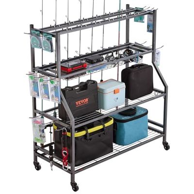 VEVOR Hengel houder voor 15-hengels, mobiele hengelrek, kar met wielen, organizer voor visuitrusting voor garage, thuis en binnen, voor visgerei box haspel accessoires opslag, geschenken voor mannen