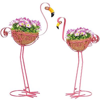 Kikth Uppsättning av 2 flamingo trädgård fågelplanterare, utomhus flamingo gårdsdekoration med korg, rosa flamingo uteplats metallplanterare för trädgård, gård, gräsmatta, uteplats, veranda
