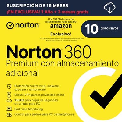 Norton 360 Premium Exclusivo Amazon*|Antivirus 10 Dispositivos|15 meses| Descarga digital