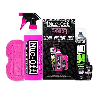 Muc-Off eBike Kit Pulisci, Proteggi & Lubrifica - Elementi Essenziali per Pulire, Proteggere e Lubrificare la Tua e-Bike - Include Detergente per Bici Muc-Off, MO-94 e Lubrificante per Catena