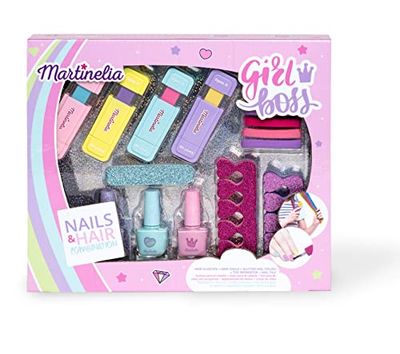 Martinelia Super Girl manikyr- och hårtillbehör kit - set med 3 glitternagellack, 4 hårkritor, elastiska, nagelfil för barn - inga skadliga produkter, vattenlack