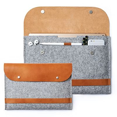 CITYSHEEP iPad Pro Sleeve 12.9" Leather Wool Felt Protective Case Carrying Bag. Two Compartments, Fits Charger, Cords, with Magic/Smart Keyboard attached. Tan/Gray Colour