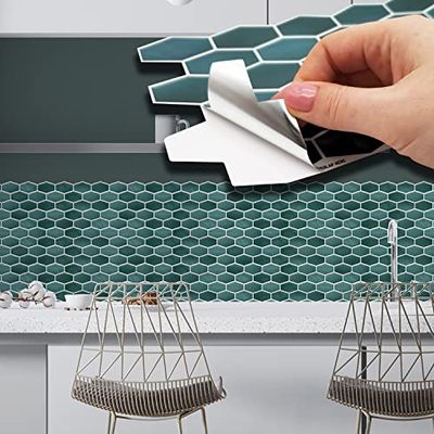 WALPLUS 28,5 x 14 cm @ 12 piezas de azulejos de pared Hexa de panal verde brillante para azulejos de pared adhesivos para cocina, baño, transferencia de azulejos