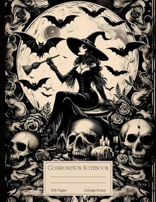 Composition Notebook College Ruled: Vintage Aesthetic Goth Witch Bat and Skull Themed for School, College, Office, Work