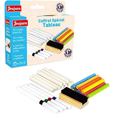 Jeujura - 8978-Tableau en Bois-Coffret Special Tableau : Craies, Feutres, Brosse à Tableau