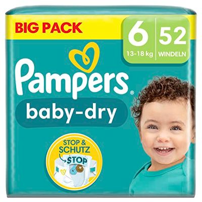 Pampers Baby Dry Lot de 52 couches pour bébé Taille 6 (13-18 kg) Protection complète contre les fuites jusqu'à 12 heures