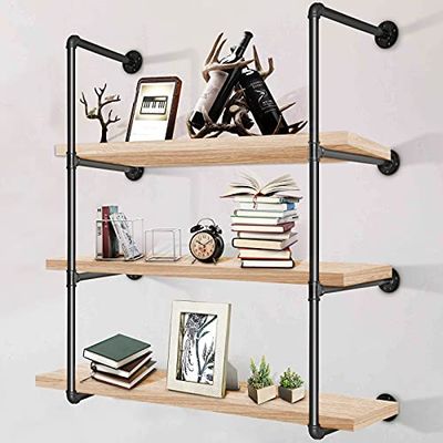 VEVOR Industriële Pijp Planken 3 Niveaus Muur Montage Ijzeren Pijp Planken 2ST Pipe Shelving Vintage Zwarte DIY Pipe Bookshelf Totaal 60 kg Draagvermogen Open Keuken Rekken voor Slaapkamer Woonkamer