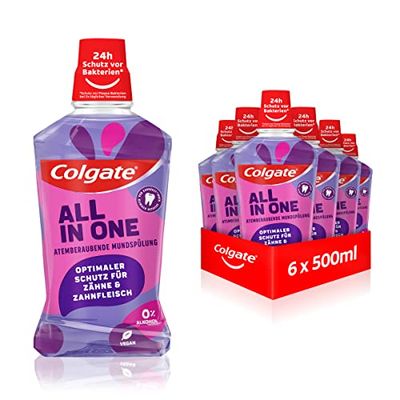 Colgate Płyn do płukania jamy ustnej All In one 6 x 500 ml – zapewnia natychmiastową i trwałą świeżość i ochronę przed próchnicą - antybakteryjne czyszczenie jamy ustnej i zębów bez alkoholu ** dla