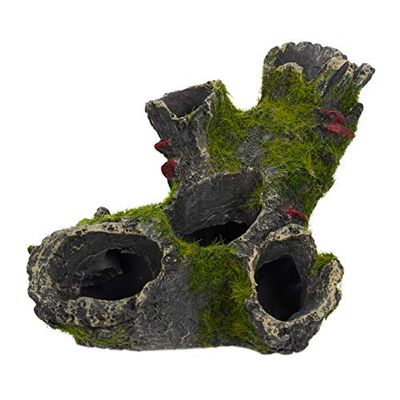 Relaxdays Aquarium Decoration, Tree Trunk Cave, Natural Look Ornament, Resin, Fish Tank, HxW: 7 x 15 cm, Grey, Polyresin, Black-Green, Pack of 1